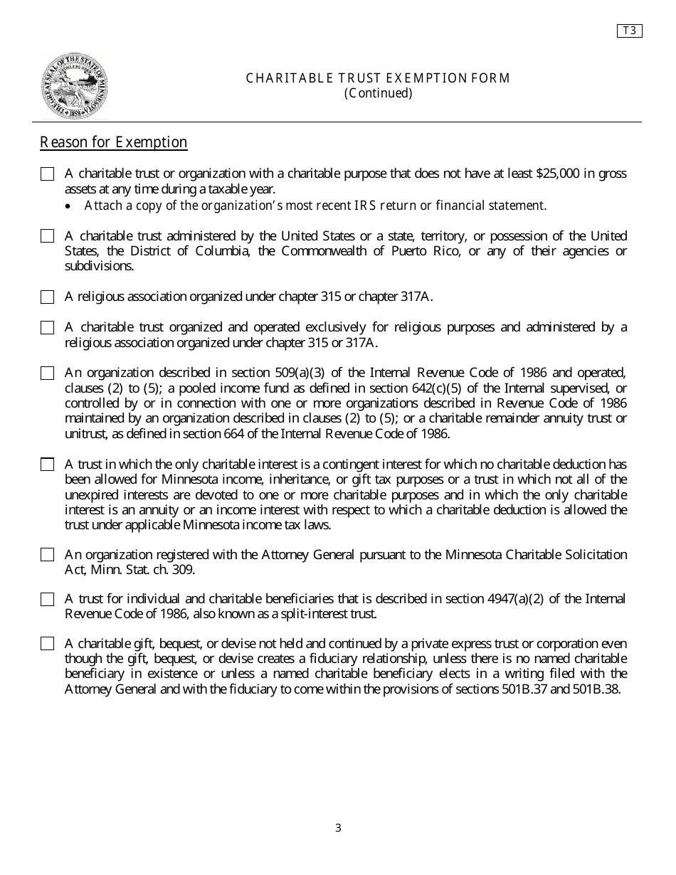 Form T3 Charitable Trust Exemption Form - Minnesota, Page 3