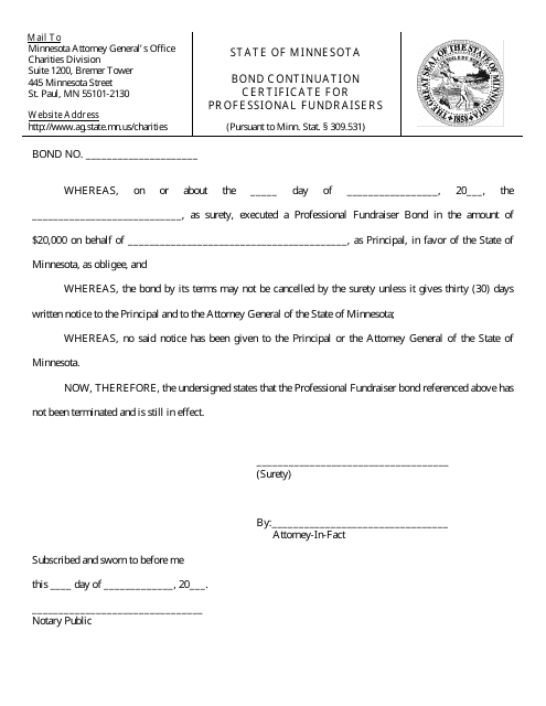 Bond Continuation Certificate for Professional Fundraisers - Minnesota Download Pdf