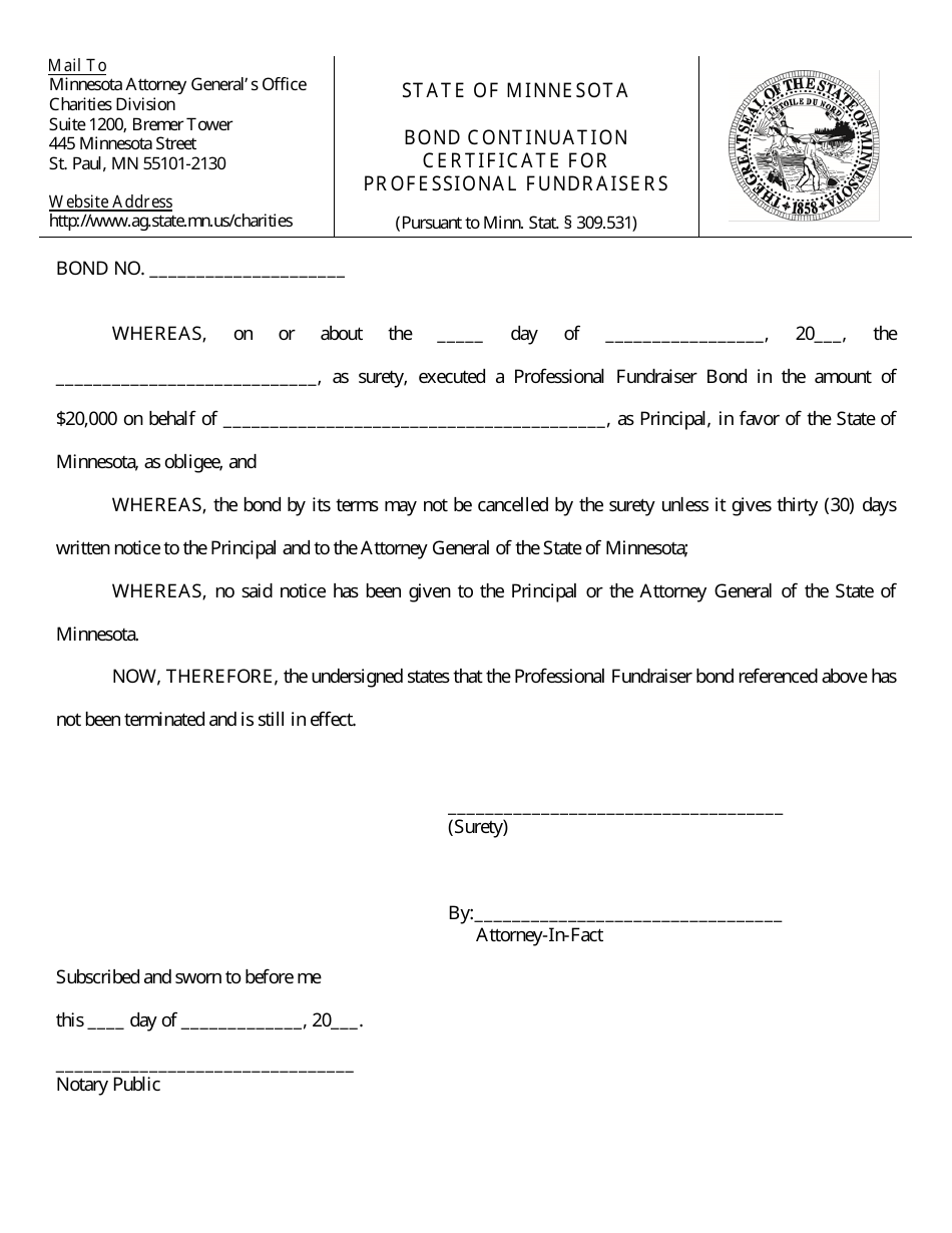 Bond Continuation Certificate for Professional Fundraisers - Minnesota, Page 1