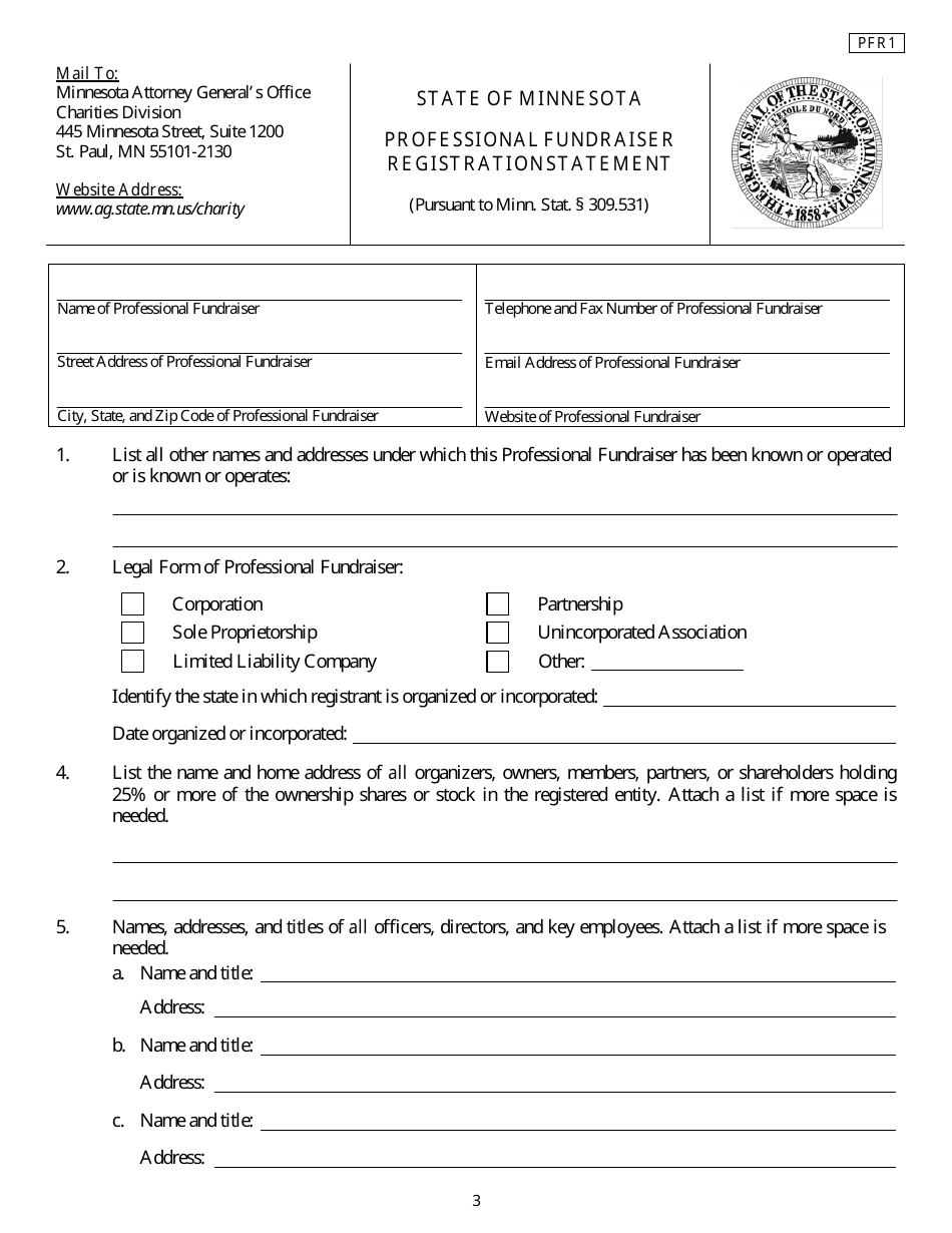 Form PFR1 Professional Fundraiser Registration Statement - Minnesota, Page 3