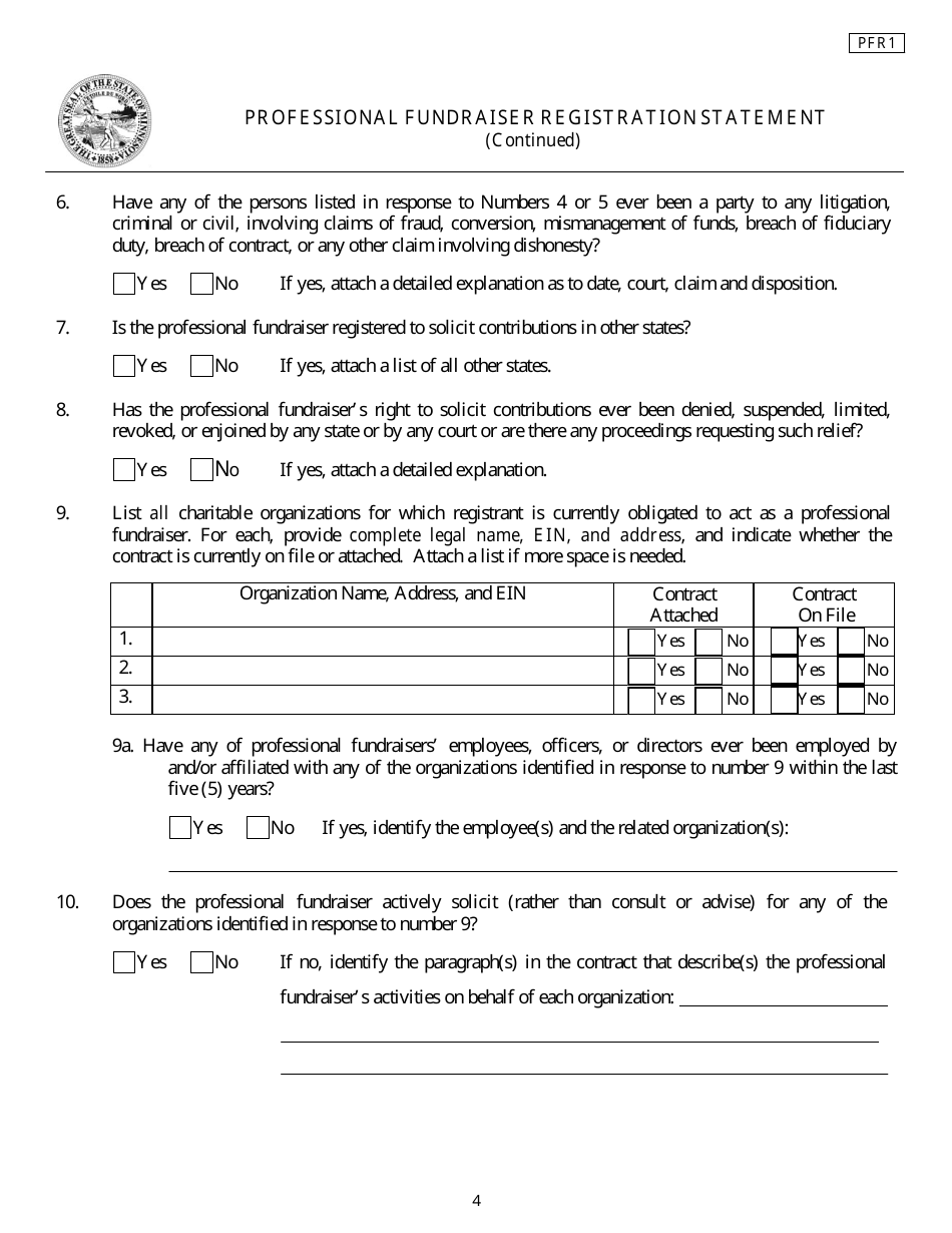 Form PFR1 Professional Fundraiser Registration Statement - Minnesota, Page 4