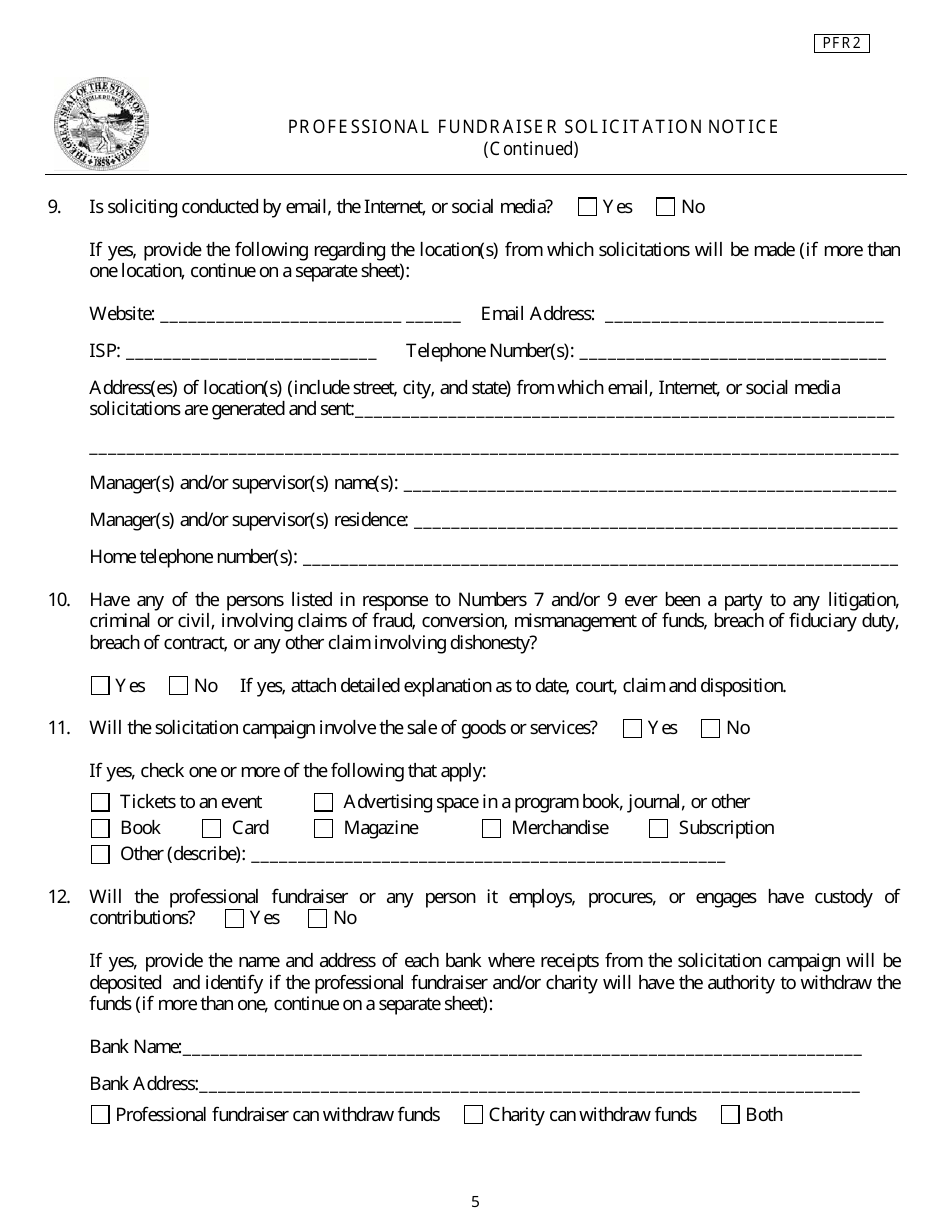 Form PFR2 Professional Fundraiser Solicitation Notice - Minnesota, Page 5