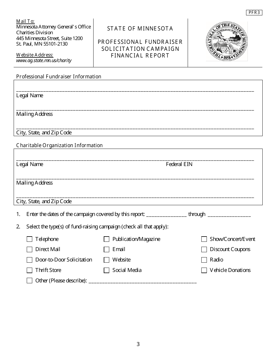 Form PFR3 Professional Fundraiser Solicitation Campaign Financial Report - Minnesota, Page 3