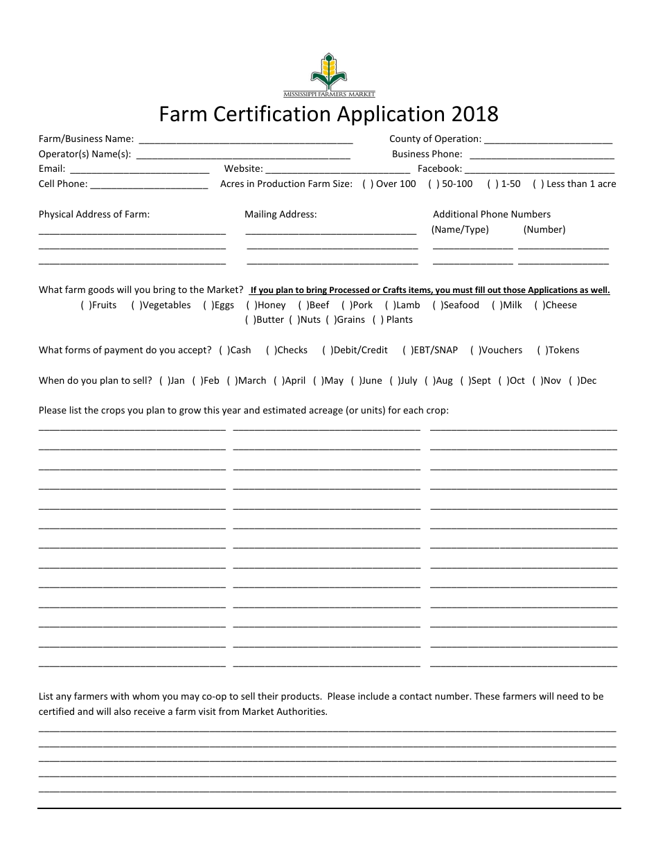 Farm Certification Application Form - Mississippi, Page 1