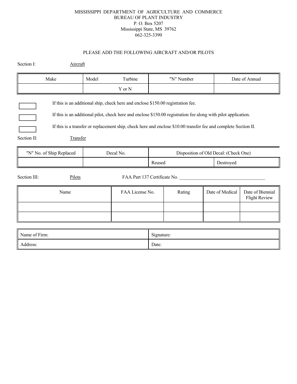 Add / Transfer Pilot / Aircraft Form - Mississippi, Page 1