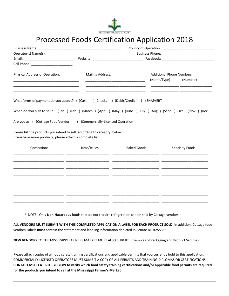 Processed Foods Certification Application Form - Mississippi, Page 1
