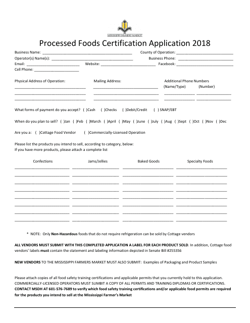 Processed Foods Certification Application Form - Mississippi Download Pdf