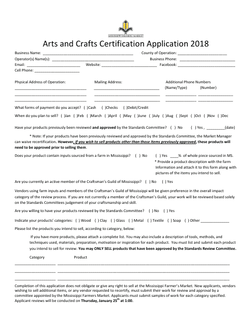 Arts and Crafts Certification Application Form - Mississippi, 2018