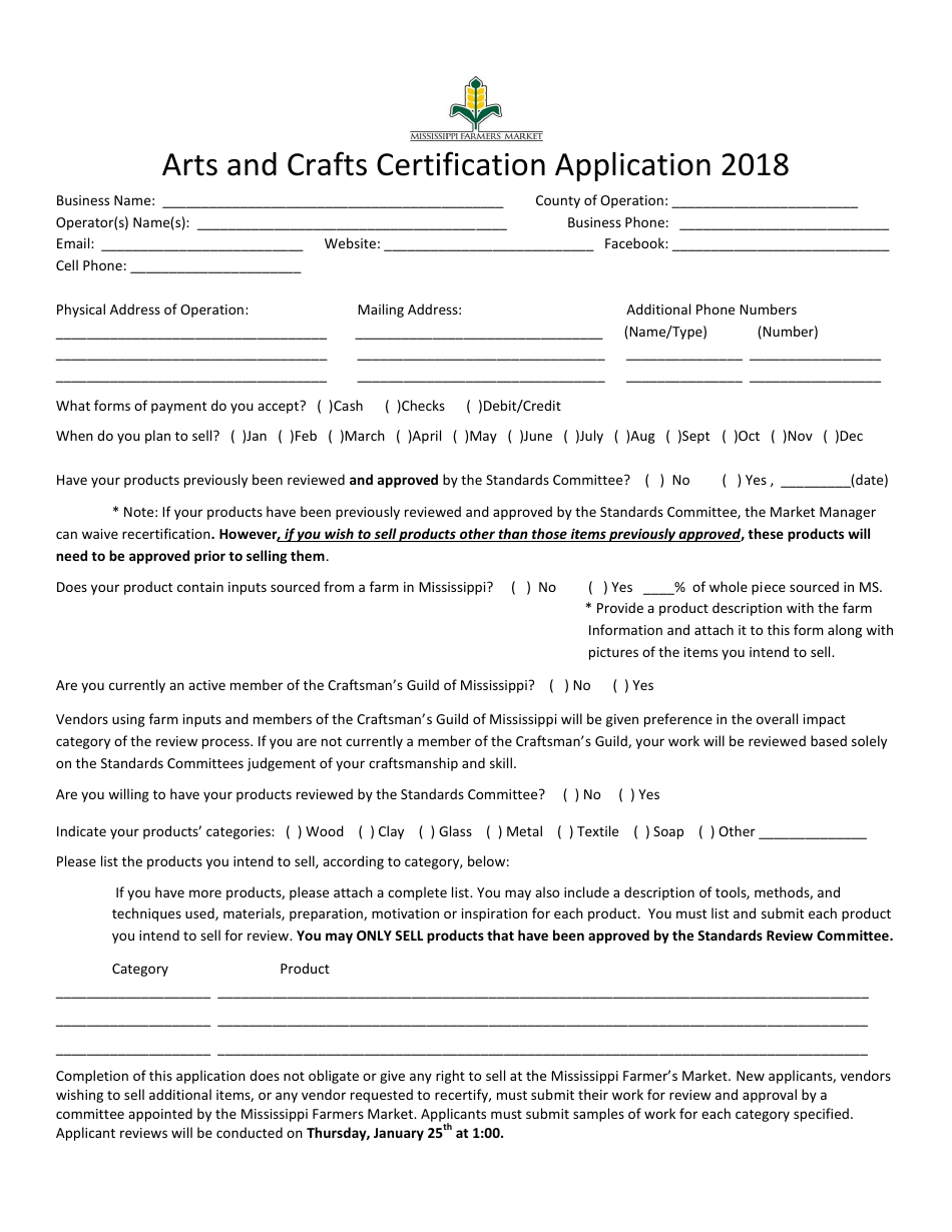 Arts and Crafts Certification Application Form - Mississippi, Page 1