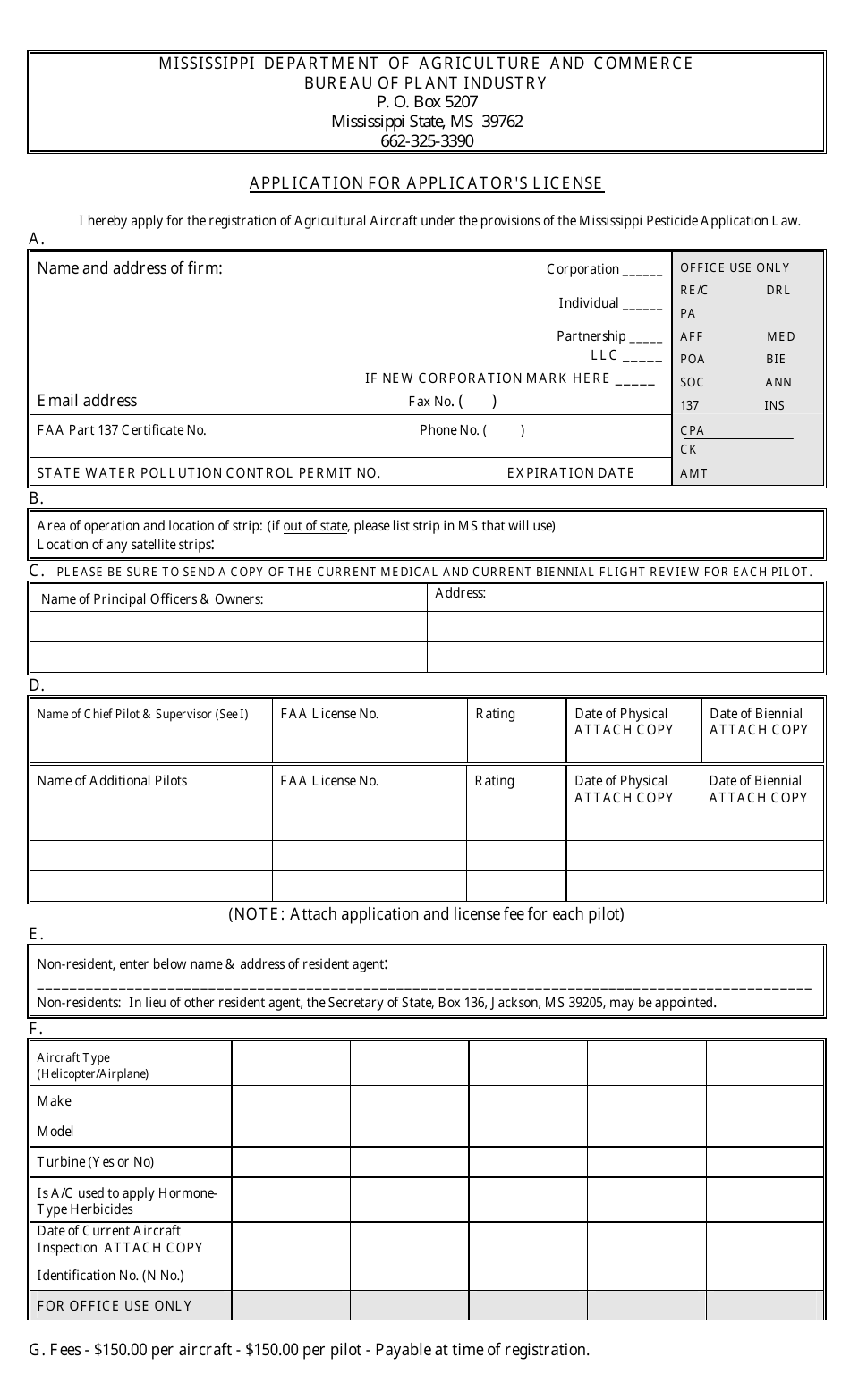 Mississippi Application for Applicator's License Fill Out, Sign