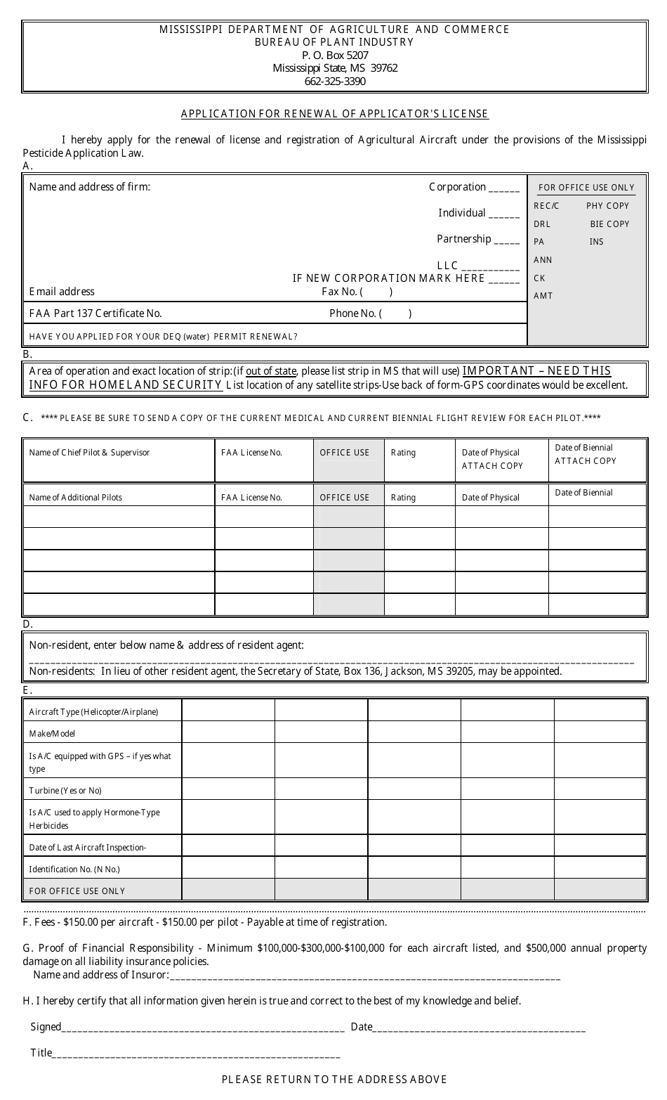 Application for Renewal of Applicators License - Mississippi, Page 1