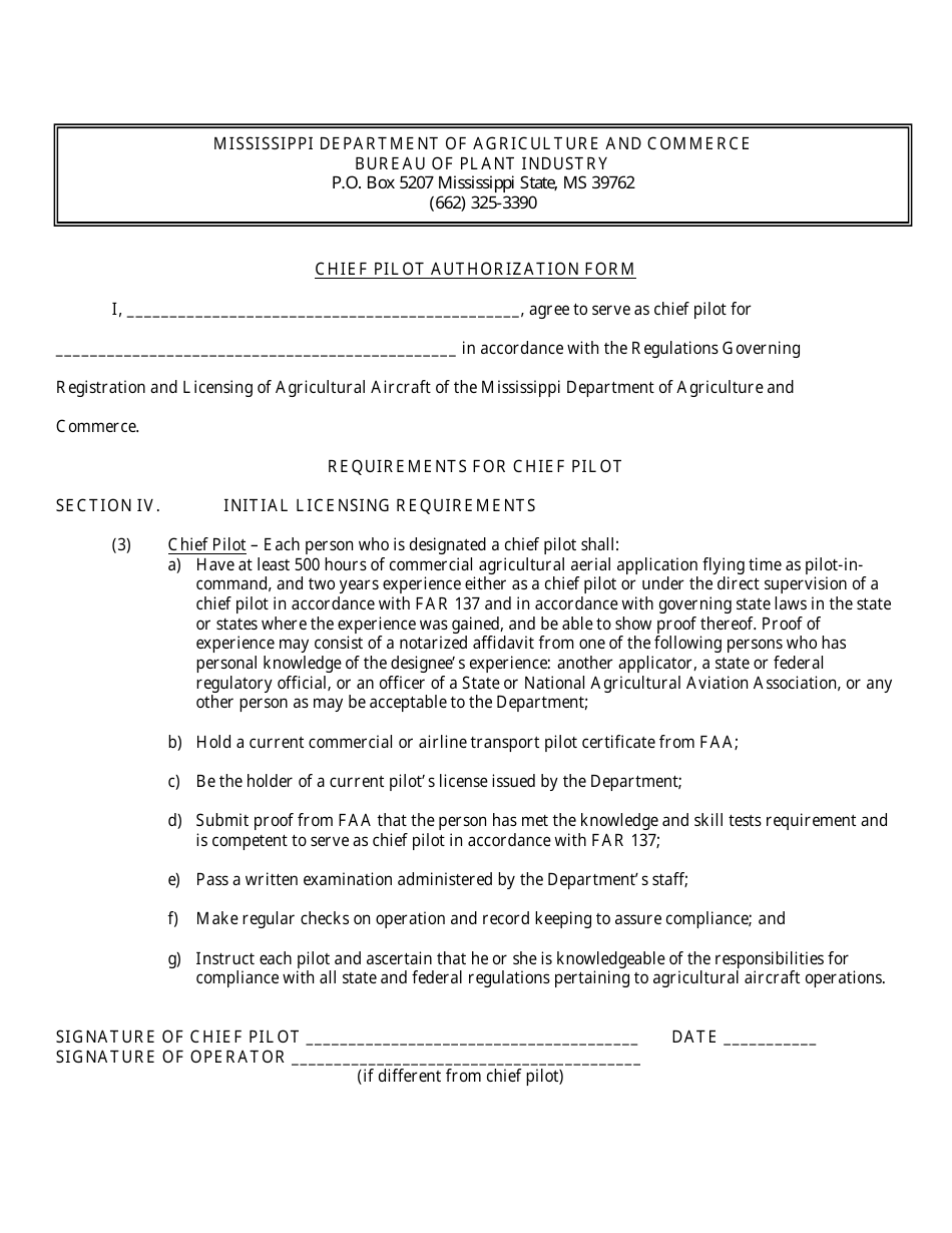 Chief Pilot Authorization Form - Mississippi, Page 1