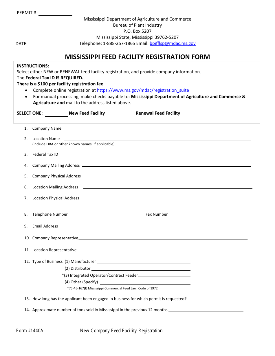 Form 1440A Mississippi Feed Facility Registration Form - Mississippi, Page 1