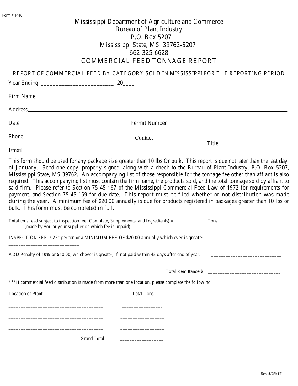Form 1446 Commercial Feed Tonnage Report - Mississippi, Page 1