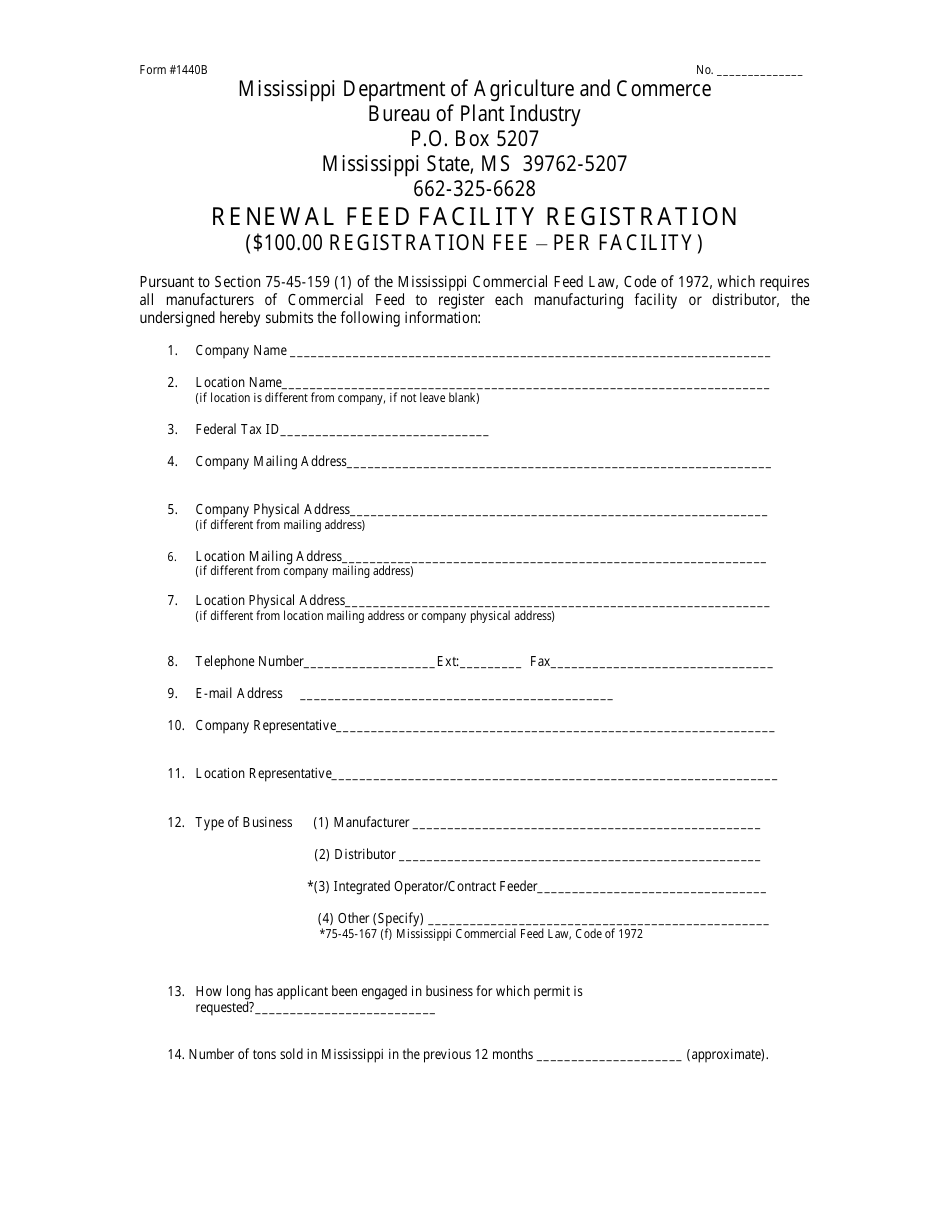Form 1440B Renewal Feed Facility Registration - Mississippi, Page 1