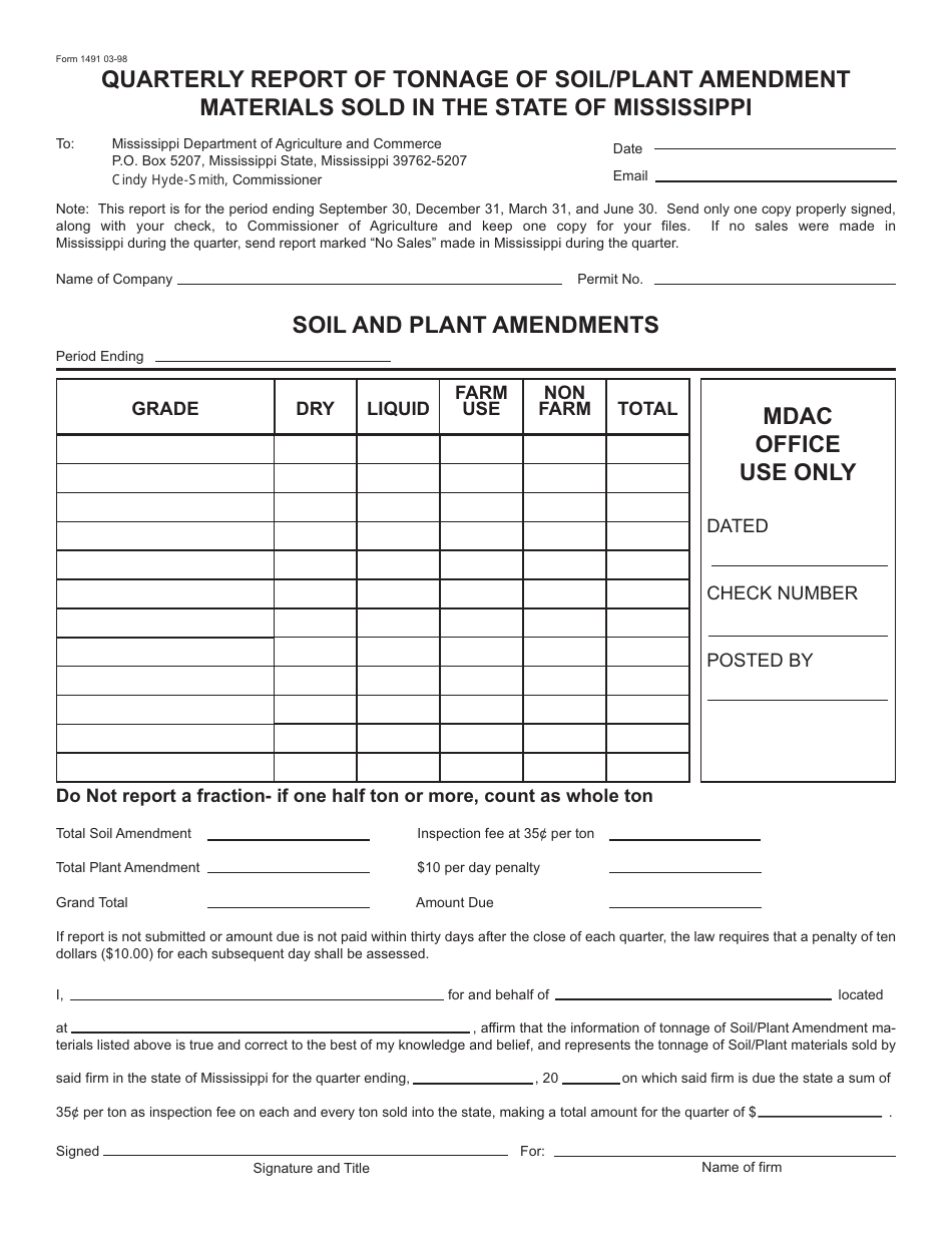 Form 1491 Quarterly Report of Tonnage of Soil / Plant Amendment Materials Sold in the State of Mississippi - Mississippi, Page 1