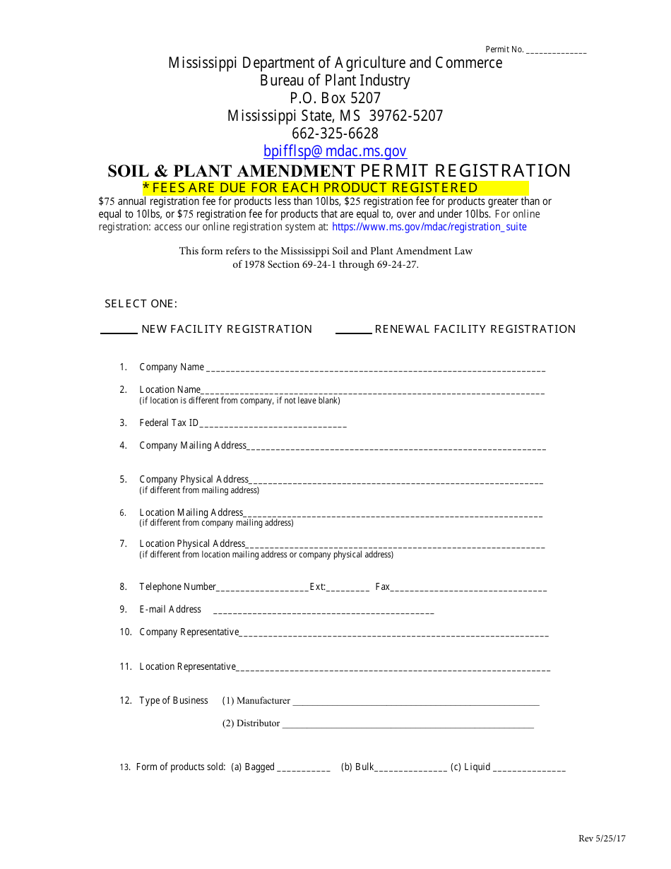 Soil  Plant Amendment Permit Registration Form - Mississippi, Page 1