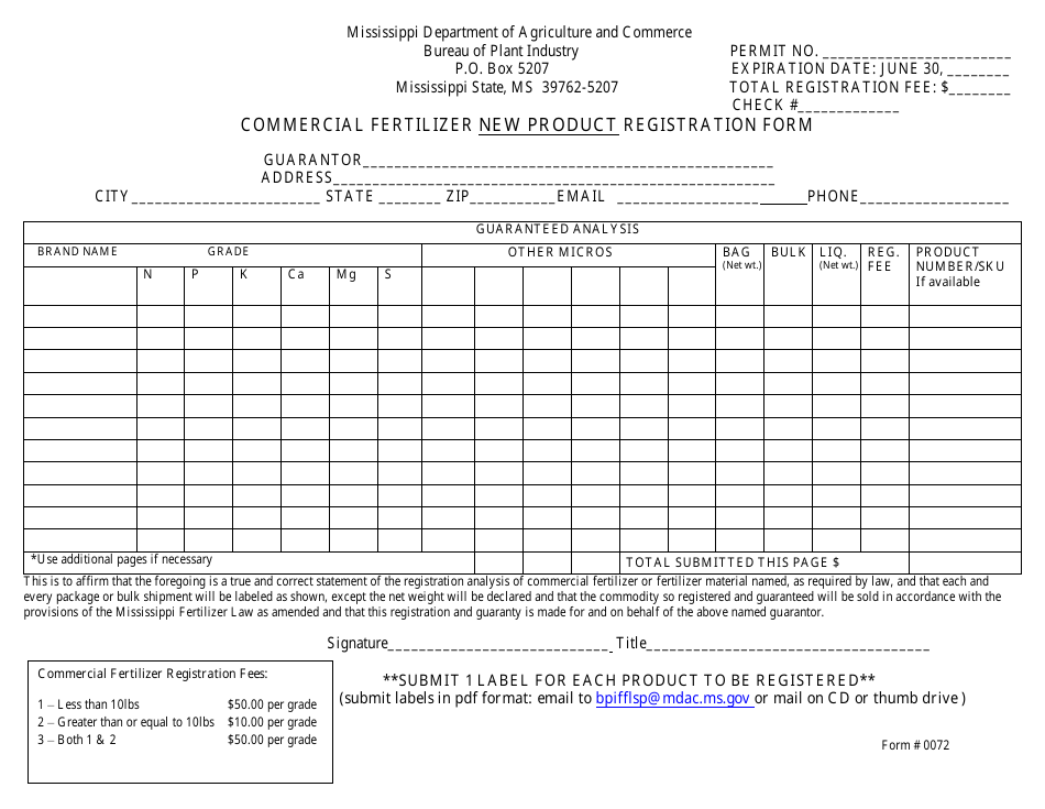 Form 0072 Commercial Fertilizer New Product Registration Form - Mississippi, Page 1