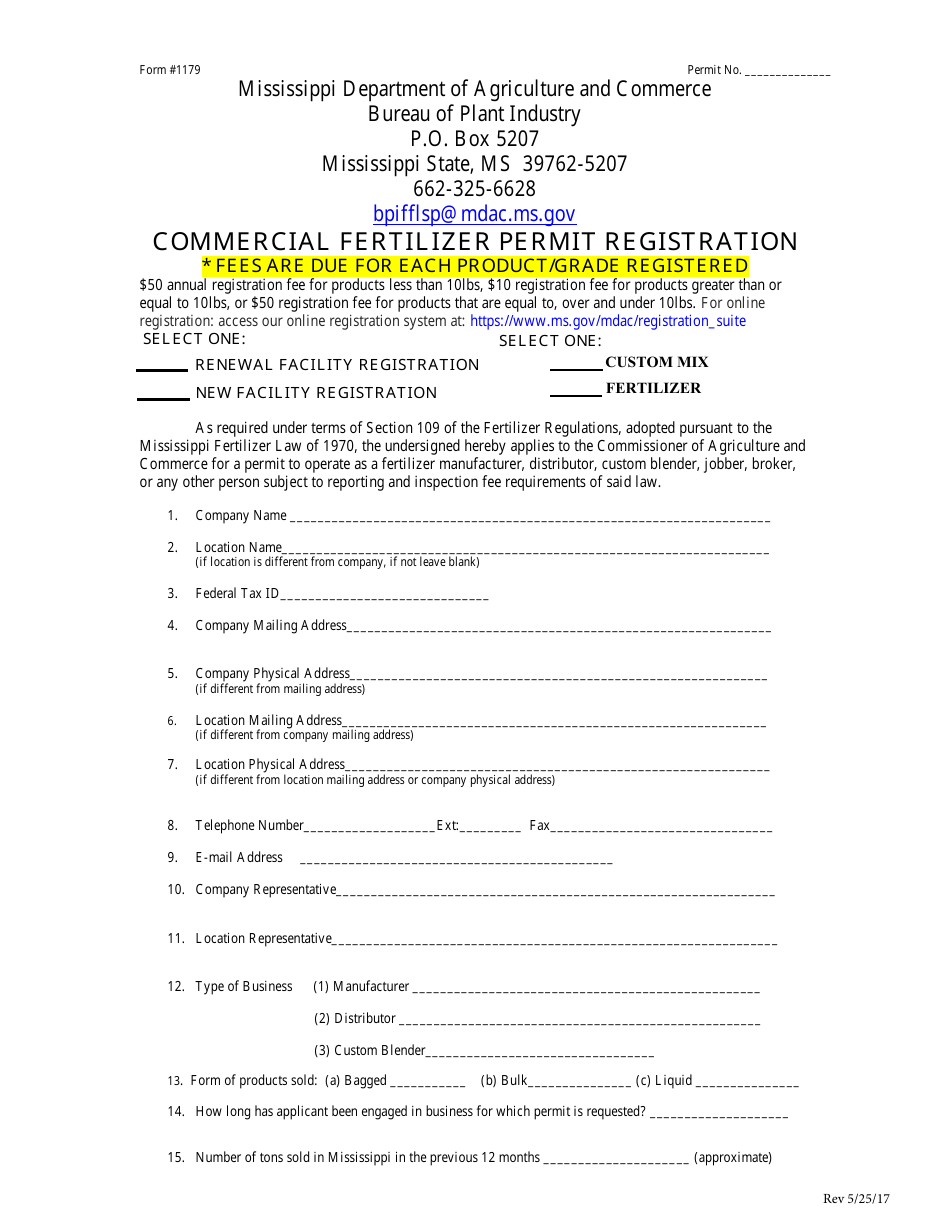 Form 1179 Commercial Fertilizer Permit Registration - Mississippi, Page 1
