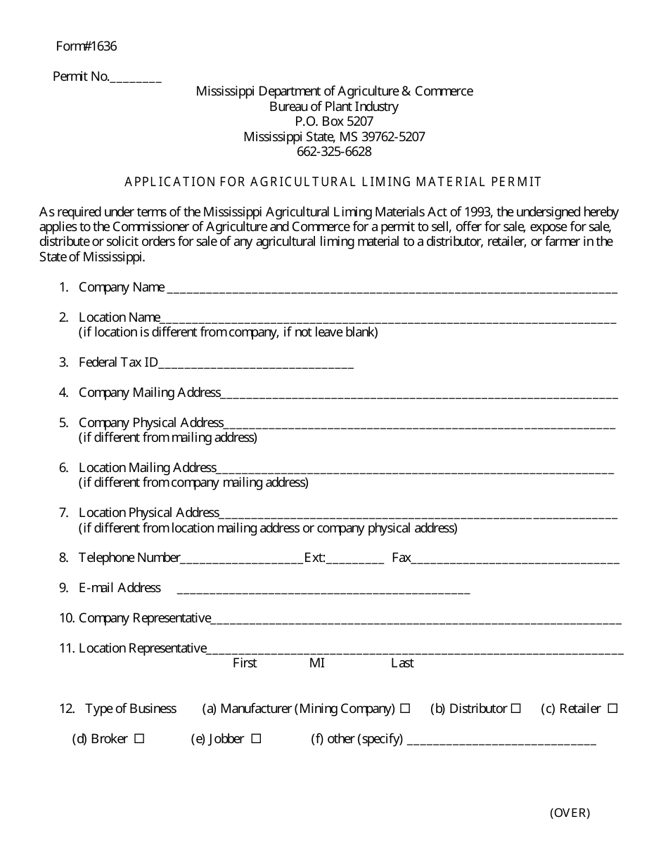 Form 1636 Application for Agricultural Liming Material Permit - Mississippi, Page 1