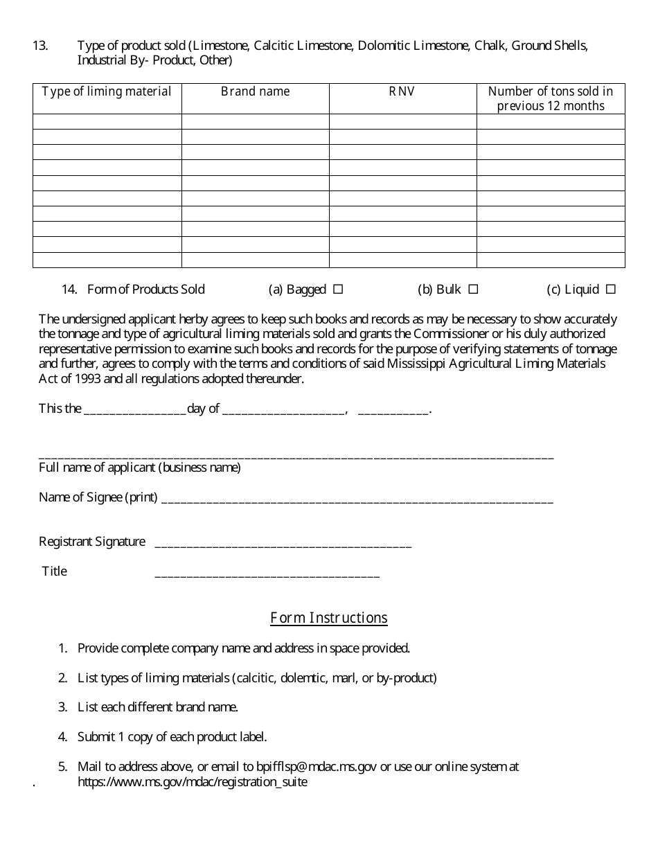 Form 1636 Application for Agricultural Liming Material Permit - Mississippi, Page 2