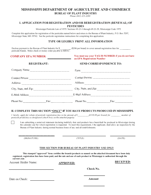 Application for Registration and/or Reregistration (Renewal) of Pesticides - Mississippi