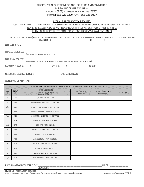 License Reciprocity Request Form - Mississippi