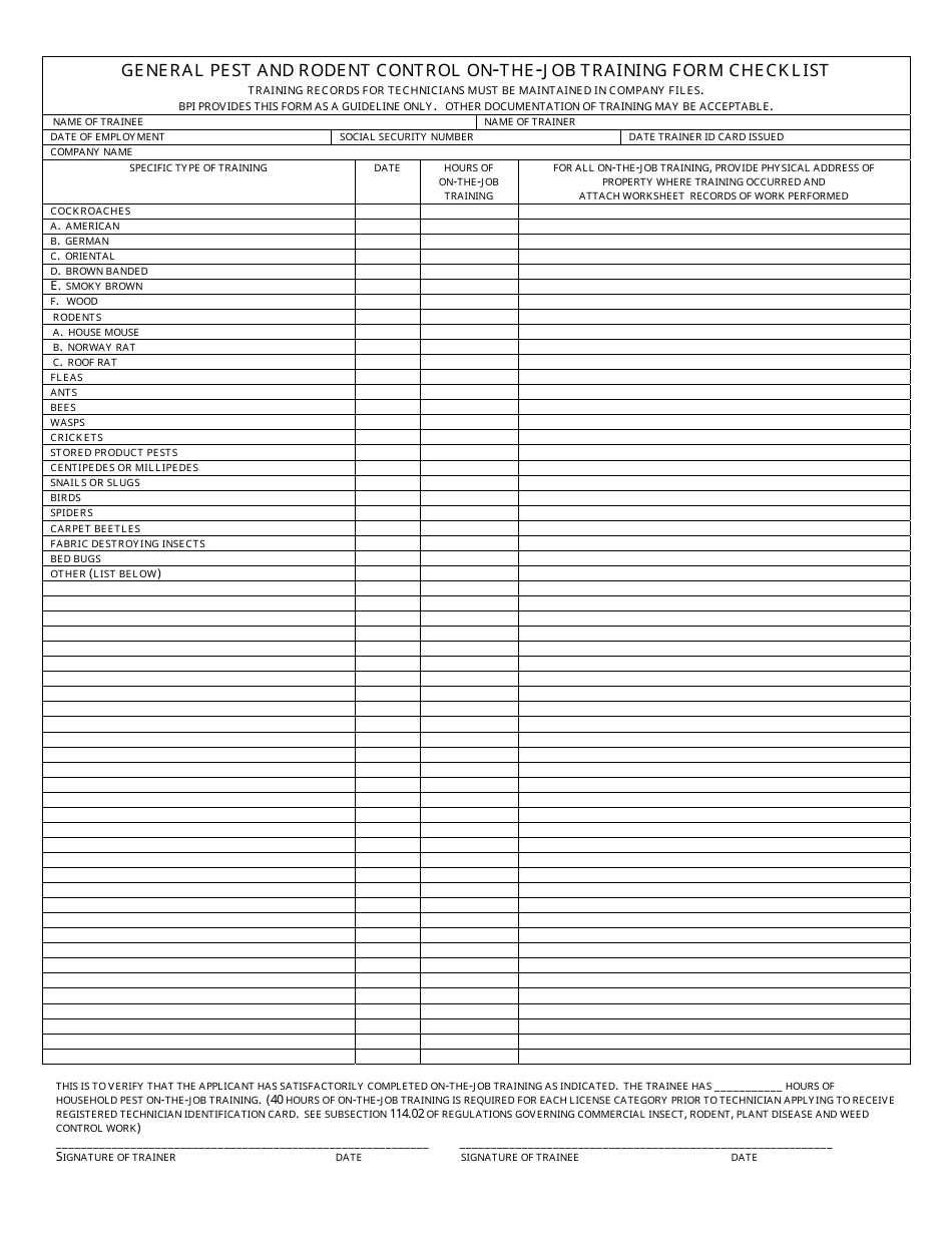 General Pest and Rodent Control on-The-Job Training Form Checklist - Mississippi, Page 1