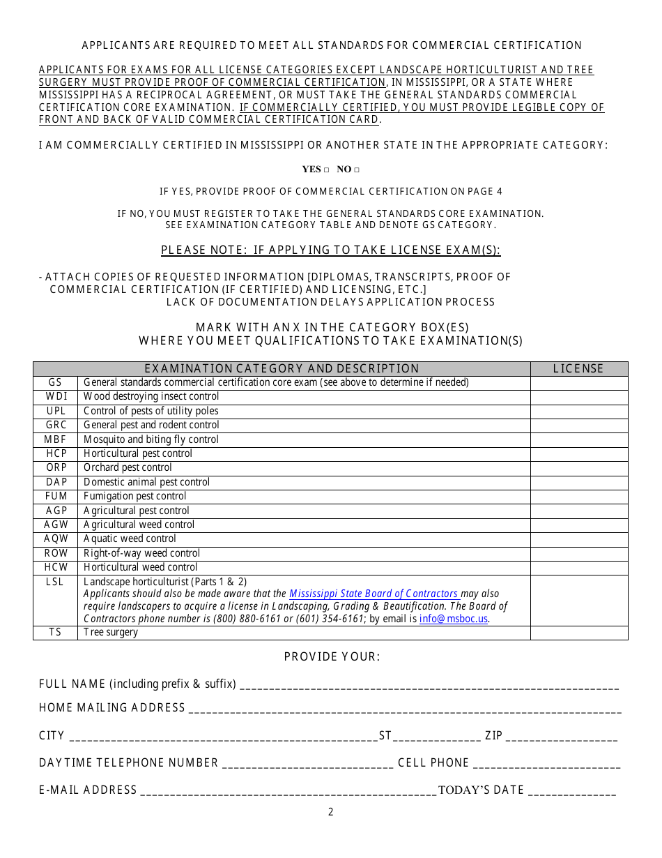 License Exam Application for Pest and Weed Control Categories, Landscape Horticulturist and Tree Surgery - Mississippi, Page 2