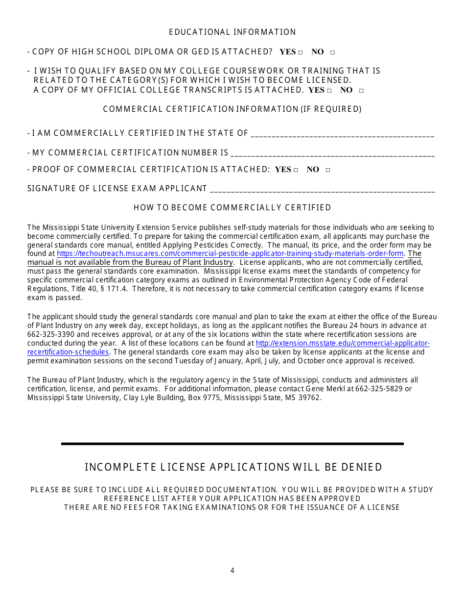 License Exam Application for Pest and Weed Control Categories, Landscape Horticulturist and Tree Surgery - Mississippi, Page 4