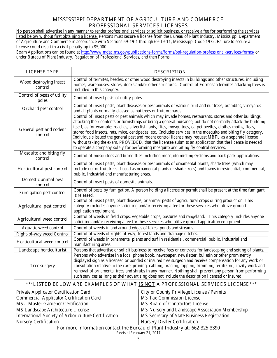 License Exam Application for Pest and Weed Control Categories, Landscape Horticulturist and Tree Surgery - Mississippi, Page 5