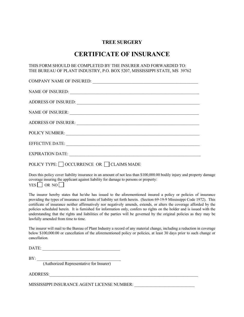 Tree Surgery Certificate of Insurance - Mississippi, Page 1