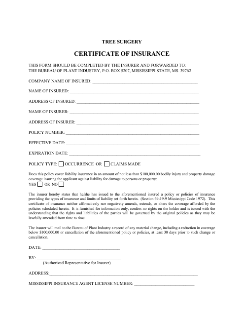 Tree Surgery Certificate of Insurance - Mississippi Download Pdf