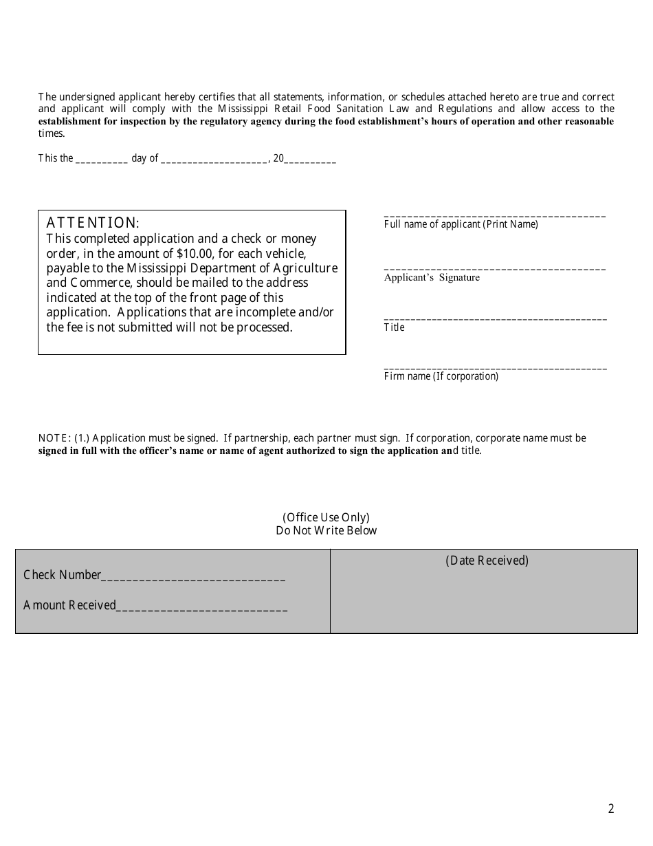Application for Mobile Retail Food Sanitation License - Mississippi, Page 2