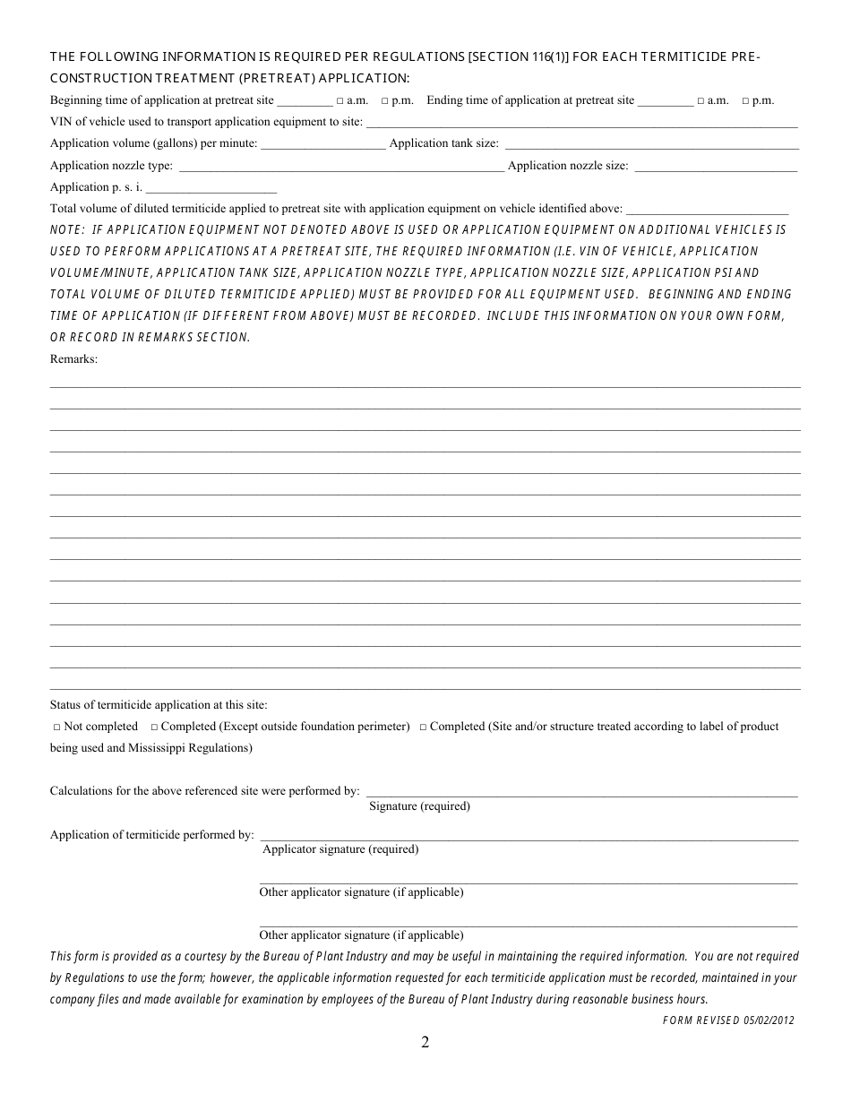 Technician Work Sheet for Calculating Termiticide Application - Mississippi, Page 2