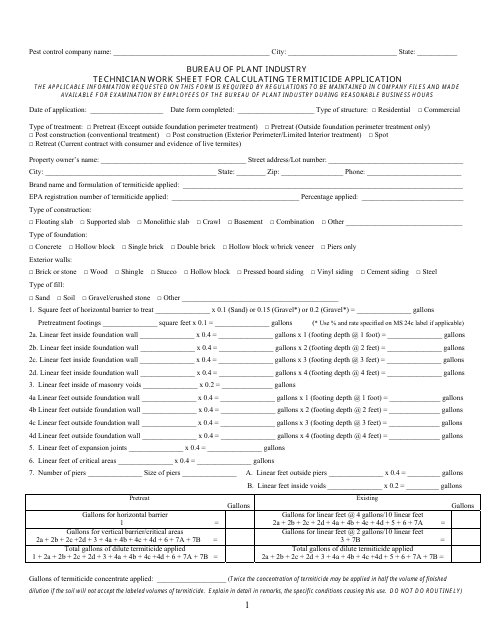 Technician Work Sheet for Calculating Termiticide Application - Mississippi Download Pdf