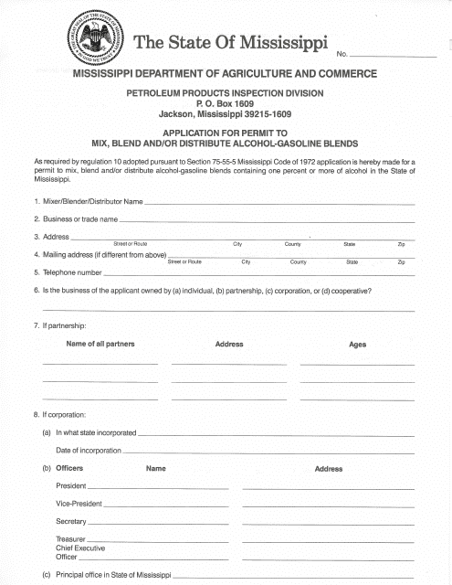 Application for Permit to Mix, Blend and / or Distribute Alcohol-Gasoline Blends - Mississippi Download Pdf