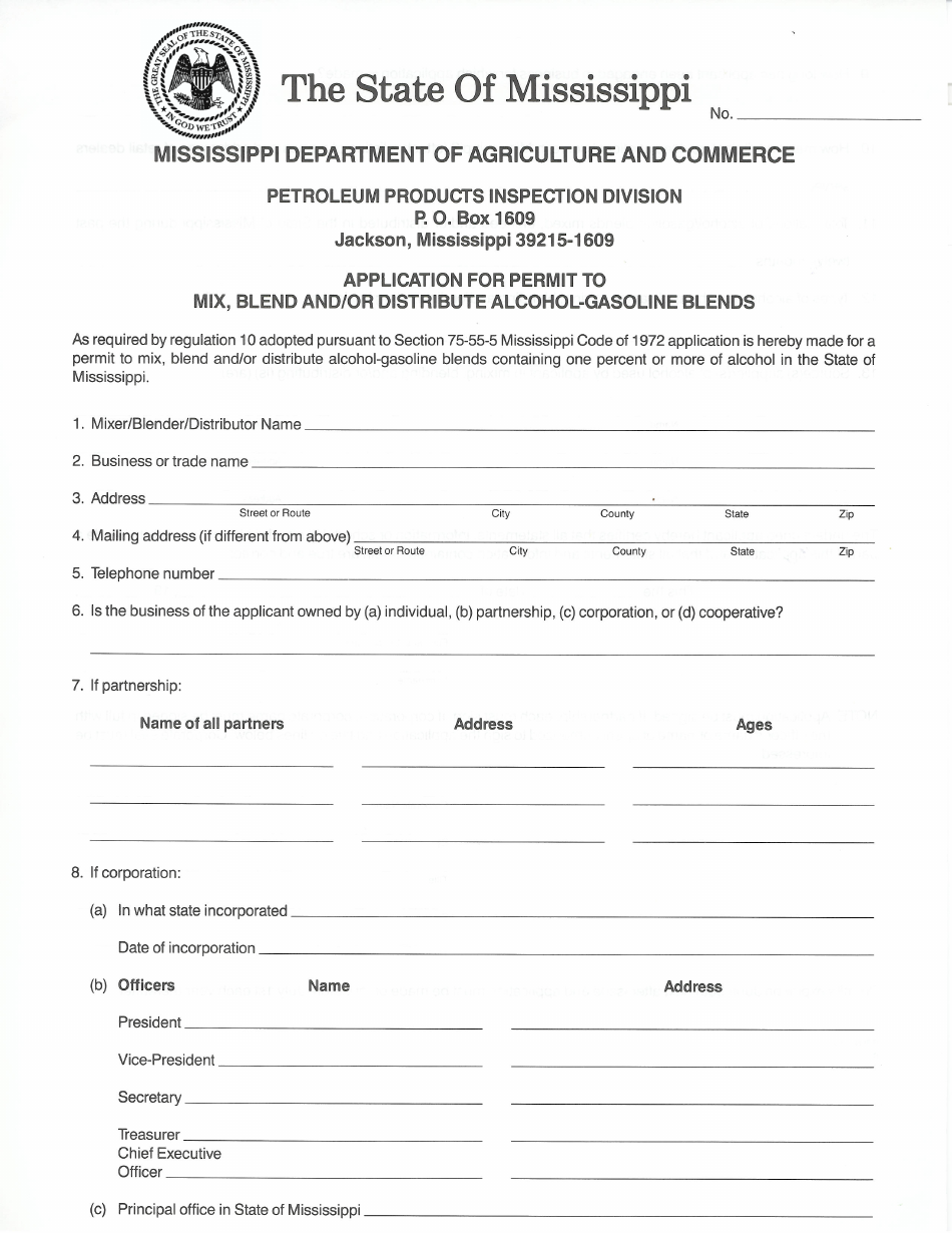 Application for Permit to Mix, Blend and / or Distribute Alcohol-Gasoline Blends - Mississippi, Page 1