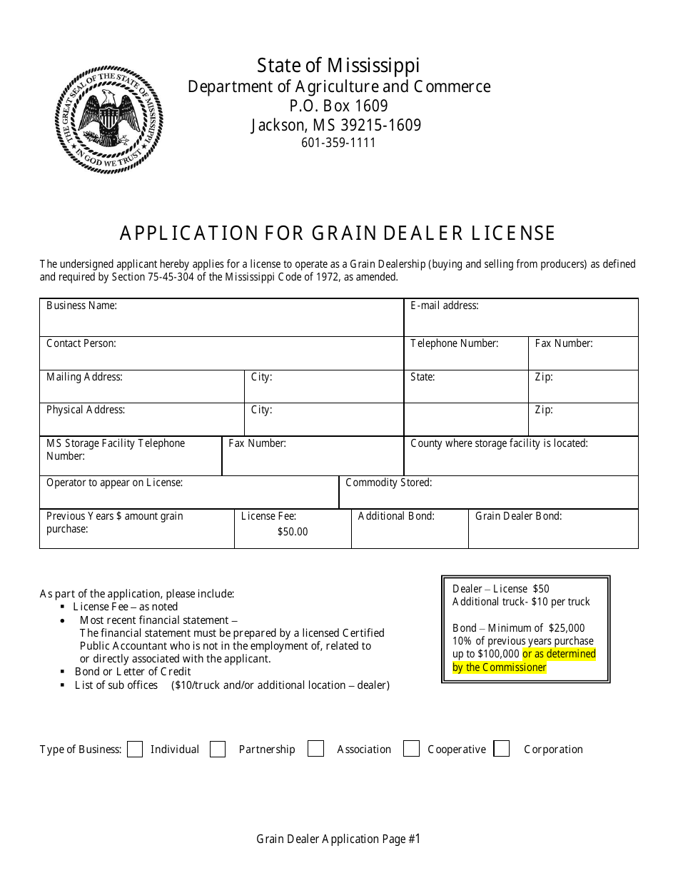 Mississippi Application for Grain Dealer License Fill Out, Sign