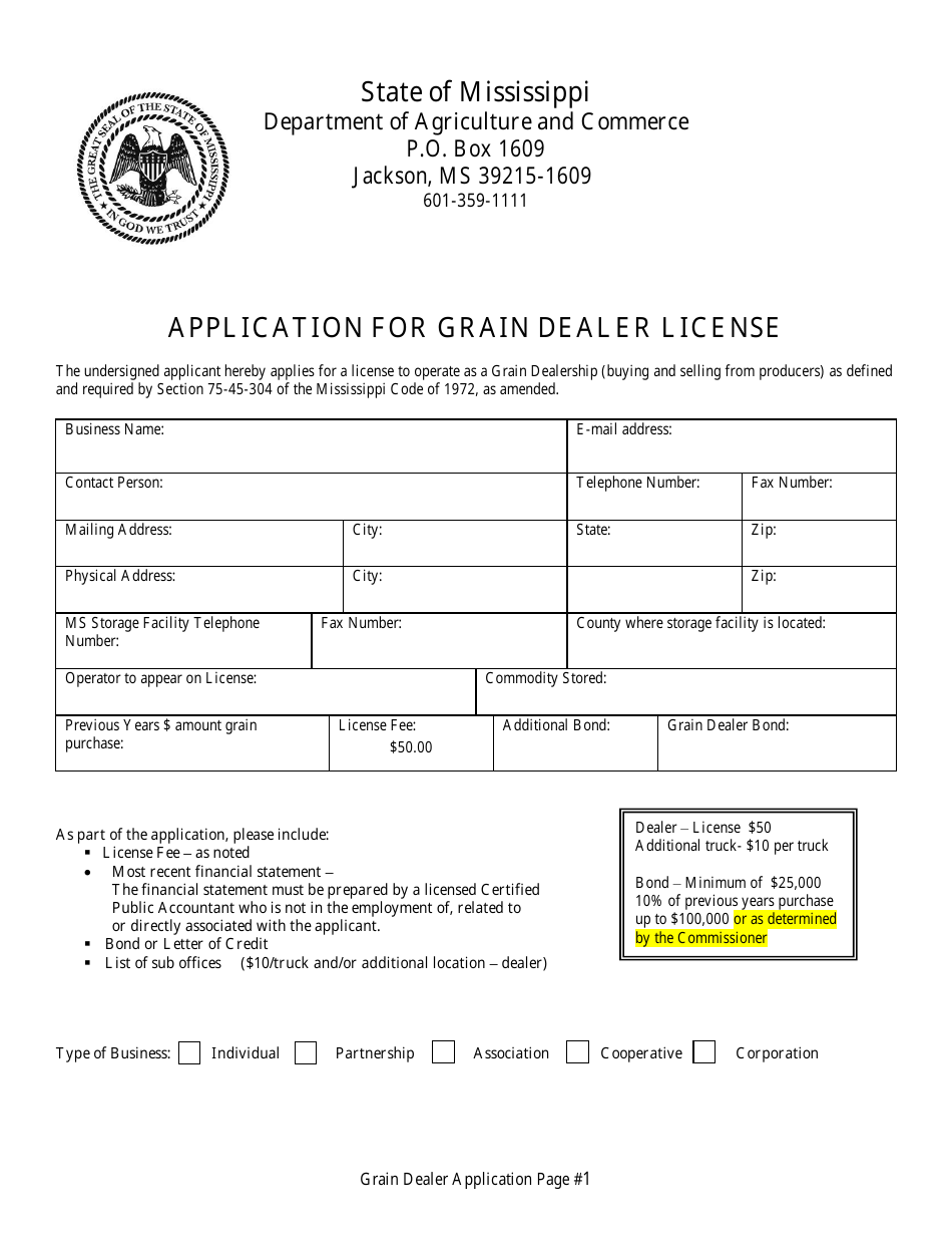 Application for Grain Dealer License - Mississippi, Page 1