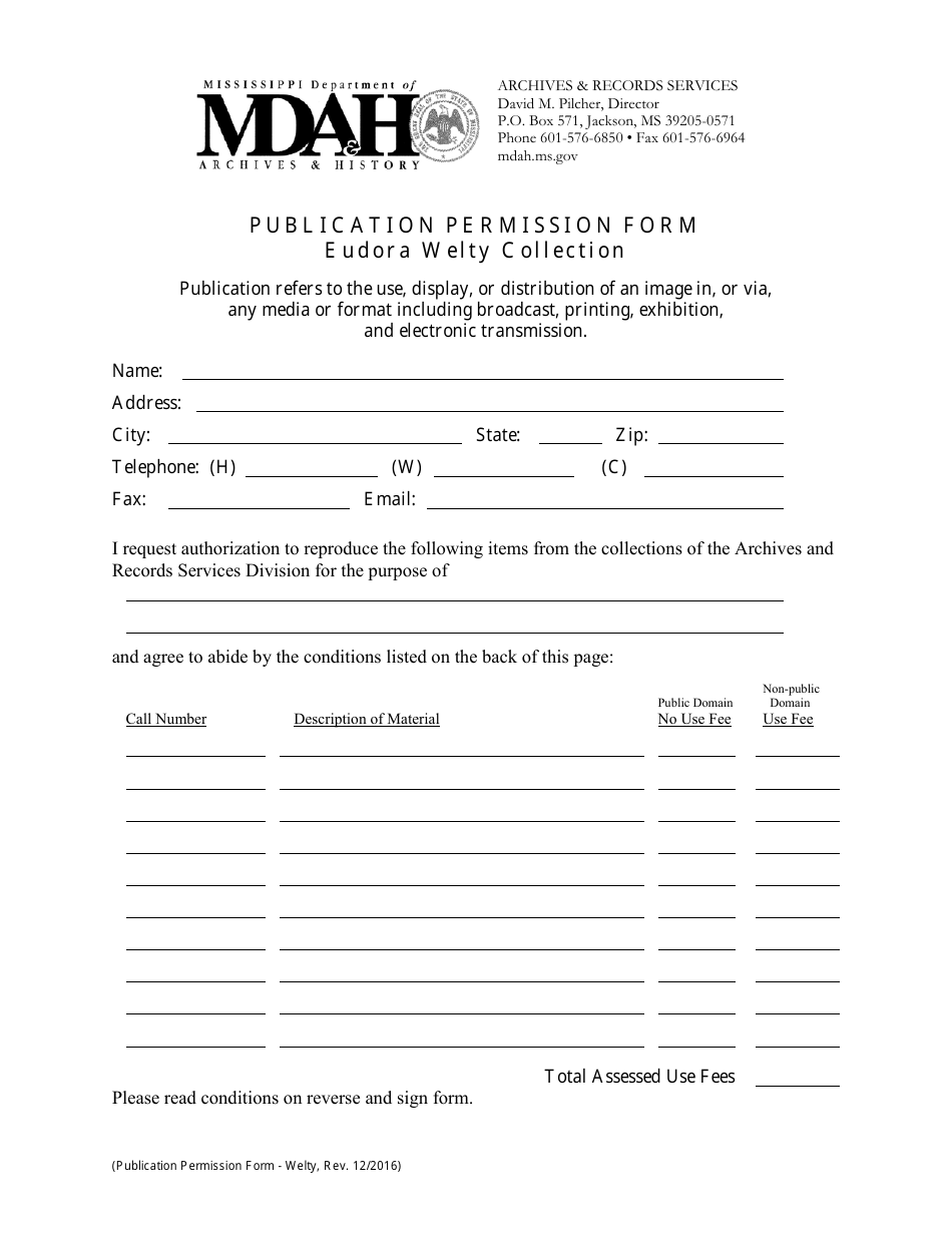 Publication Permission Form - Eudora Welty Collection - Mississippi, Page 1