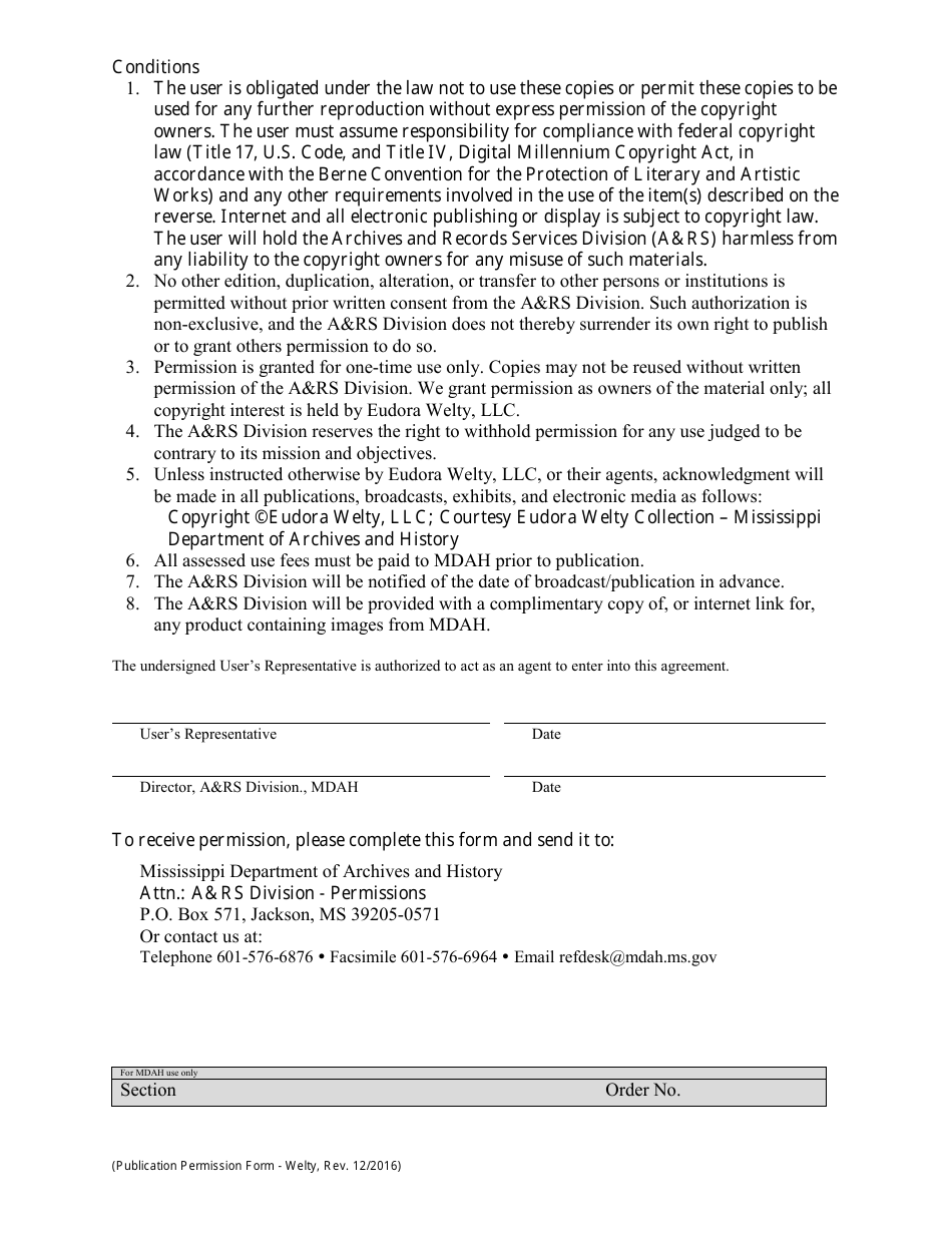 Publication Permission Form - Eudora Welty Collection - Mississippi, Page 2