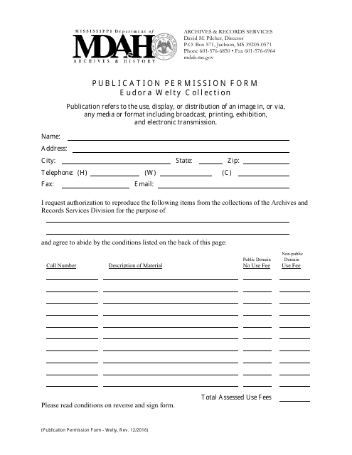 Publication Permission Form - Eudora Welty Collection - Mississippi