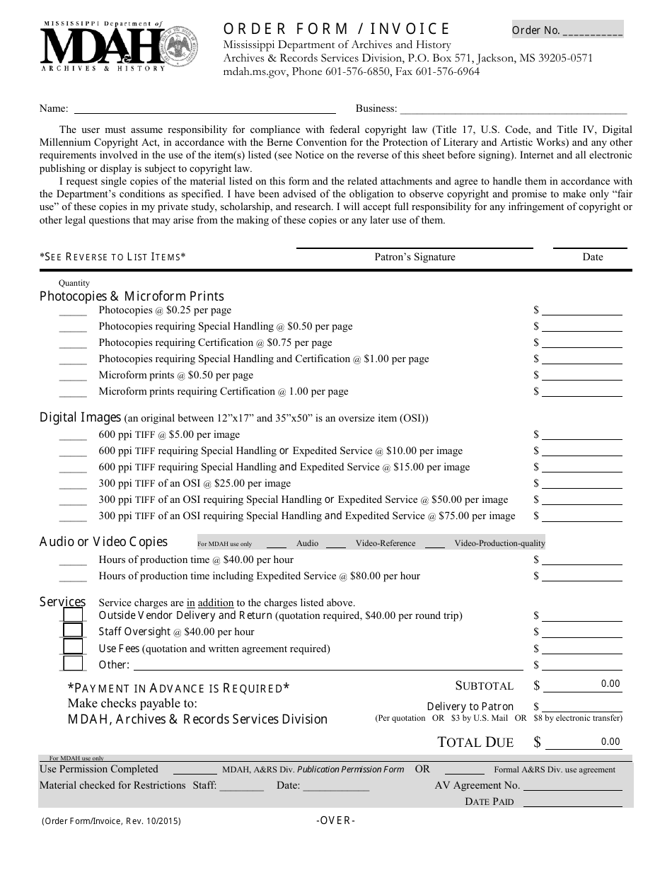 Order Form / Invoice - Mississippi, Page 1