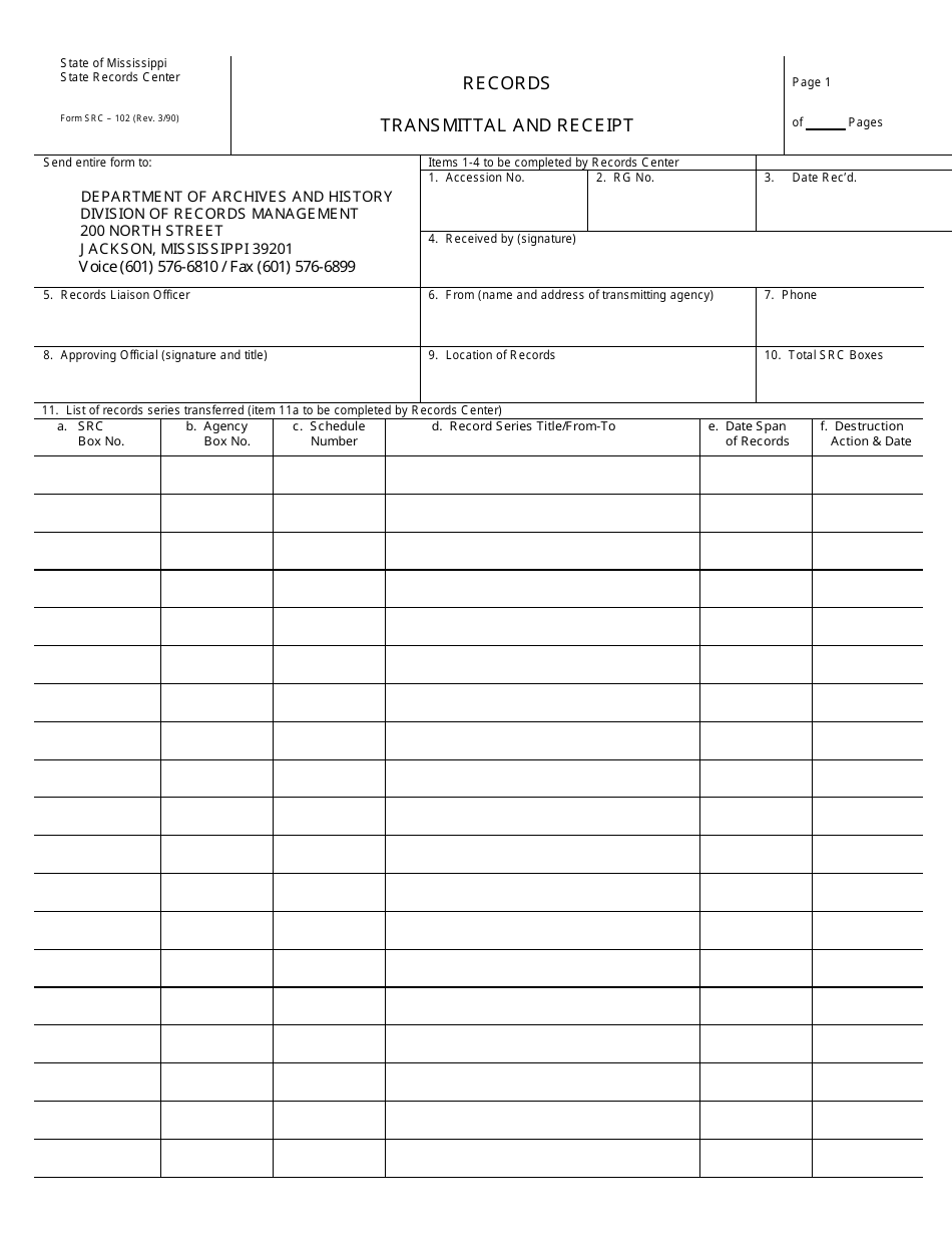 Form SRC-102 Records - Transmittal and Receipt - Mississippi, Page 1