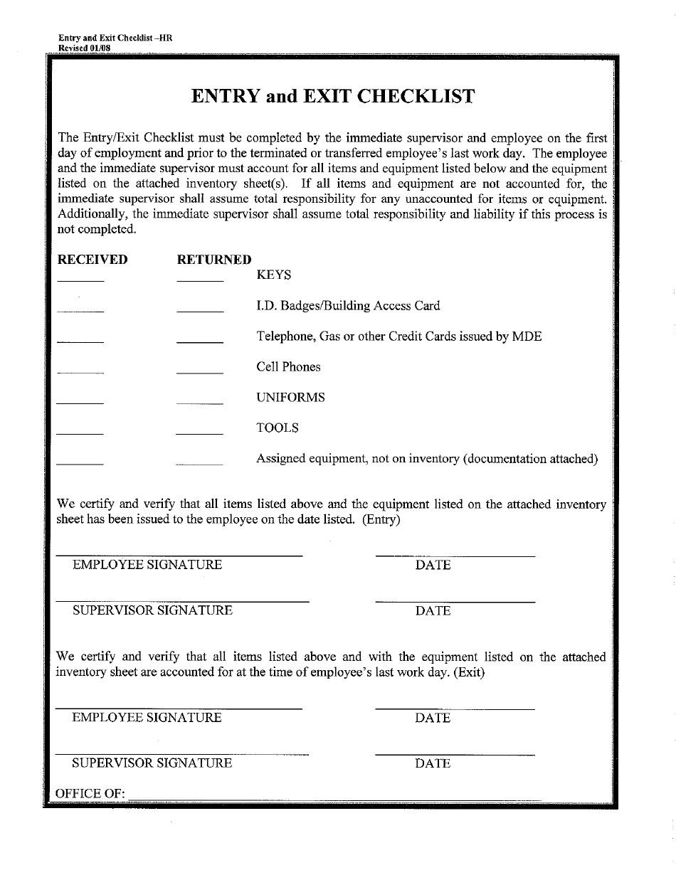 Entry and Exit Checklist Form - Mississippi, Page 1