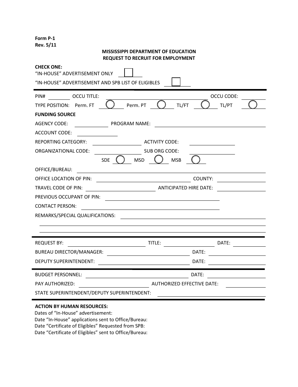 Form P-1 Request to Recruit for Employment - Mississippi, Page 1