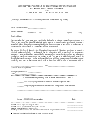 Document preview: Contract Worker Background Acknowledgement and Authorization to Release Information Form - Mississippi