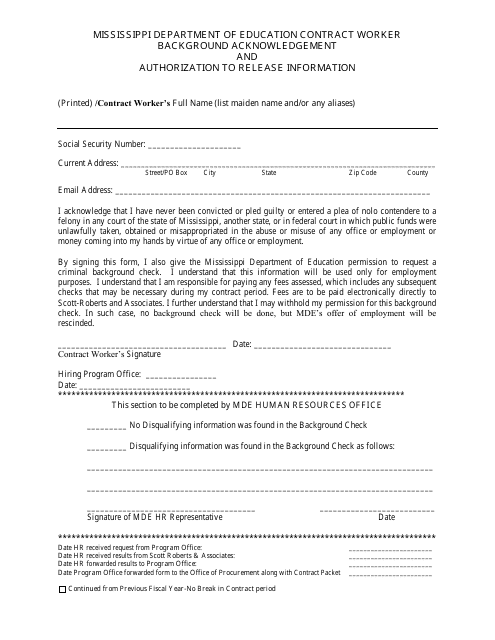 Contract Worker Background Acknowledgement and Authorization to Release Information Form - Mississippi