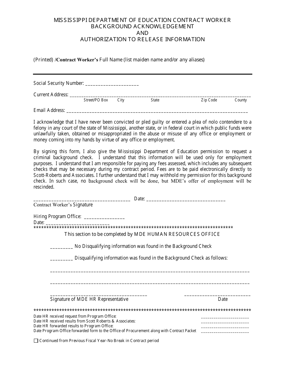 Contract Worker Background Acknowledgement and Authorization to Release Information Form - Mississippi, Page 1